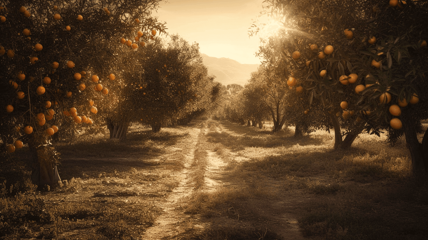 Rows of mature orange trees in a California citrus grove