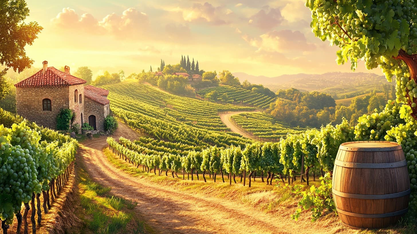 Rows of grapevines silhouetted against a sunset in a Spanish vineyard